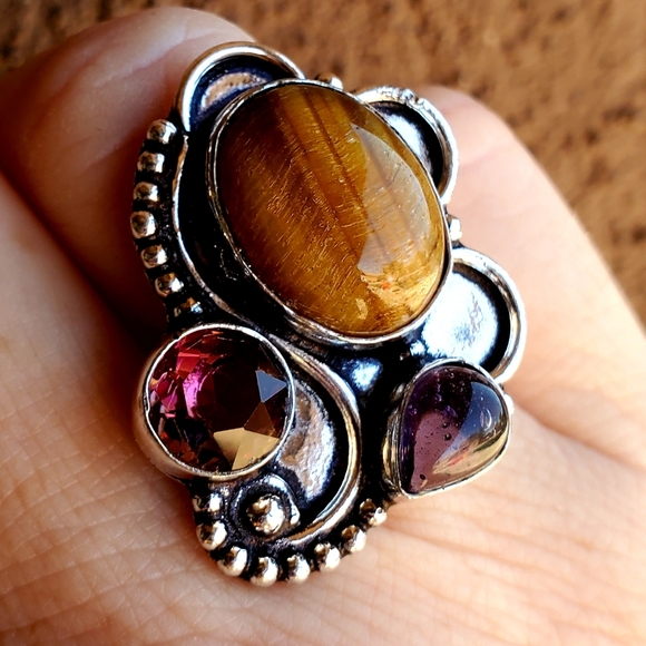 New Tiger Eye, Amethyst and Ametrine 925 Silver Ring. - Picture 9 of 12
